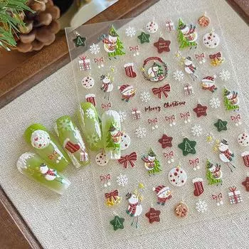 Рождественские наклейки для ногтей, тисненые рождественские наклейки для ногтей в виде снеговика, декоративная наклейка для рождественской елки, колокольчик, бант, клейкие наклейки для ногтей, салон