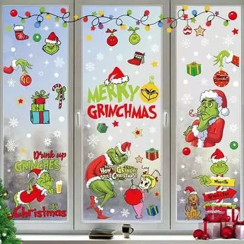 Рождественские наклейки Гринча на окна, рождественские художественные наклейки на стены, домашний магазин, декор Style A