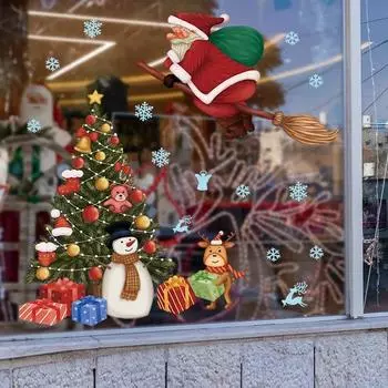 Рождественские наклейки на окна Рождественская елка Санта-Клаус летит на метле Стеклянная витрина Наклейка на окно Украшения для дома 2025 Новый год 30x59cm