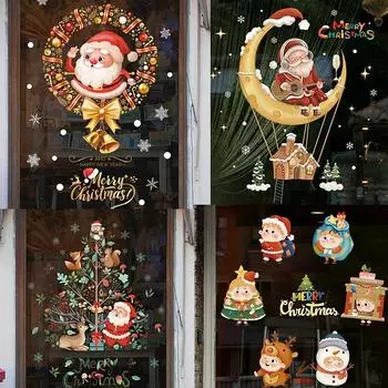 Рождественские наклейки на окна Санта-Клаус Рождественская елка Мультфильм Стеклянная наклейка Веселого Рождества Нового года Праздничные украшения для дома