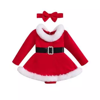 Рождественские наряды для маленьких девочек, бархатный комбинезон с длинными рукавами и повязкой на голову, рождественская одежда для новорожденных 3-6 Months красный