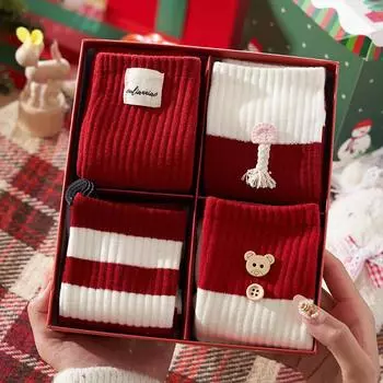 Рождественские носки, красные носки средней длины, носки на свадьбу в честь года рождения, года Змеи, полосатые красные носки можно упаковать в подарочную коробку. One Size