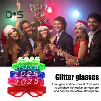 Рождественские очки 2025 года с блестками, 3 режима мигания, светодиодная подсветка, реквизит для новогодних фотосессий 2025 года, противоскользящий, унисекс, праздничный, тематический, активатор атмосферы вечеринки 1
