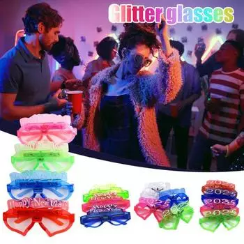 Рождественские очки 2025 года с блестками, 3 режима мигания, светодиодная подсветка, реквизит для фотосъемки на Новый год 2025 года, противоскользящие очки для создания атмосферы праздничной вечеринки 1