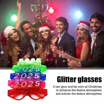 Рождественские очки 2025 года с блестками, 3 режима мигания, светодиодная подсветка, реквизит для новогодних фотосессий 2025 года, противоскользящий, унисекс, праздничный, тематический, активатор атмосферы вечеринки 4