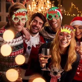 Рождественские очки с блестками, рогами оленя, клоунской шляпой, украшением на 2025 год, новогодний реквизит для фотосъемки, противоскользящие, унисекс, праздничные тематические вечерние очки 2