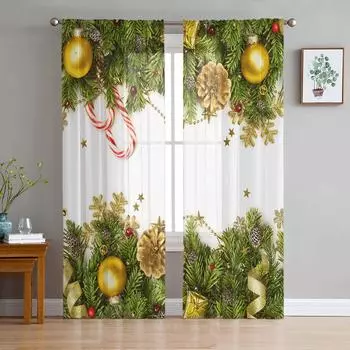 Рождественские огни из сосновых иголок, прозрачные шторы для украшения гостиной, шторы на окна, шторы из тюля для кухни, вуаль W135 x H115cm x1