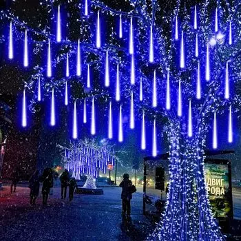 Рождественские огни на открытом воздухе, 288 светодиодов, метеоритный дождь, дождь, 12 дюймов, 8 трубок, водонепроницаемый штекер, падающие сосульки, рождественские огни синий