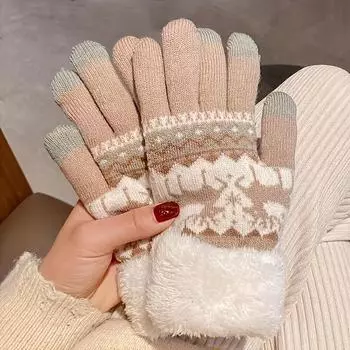 Рождественские перчатки из жаккардовой вязки с оленем, плюшевые манжеты, толстые теплые перчатки, осенне-зимние мягкие, устойчивые к холоду перчатки для сенсорных экранов чёрный