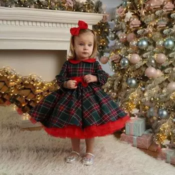 Рождественские платья для девочек, красное платье для малышей, клетчатое платье с бантом из тюля, вечерние платья для детей, новогодние костюмы 100cm красный