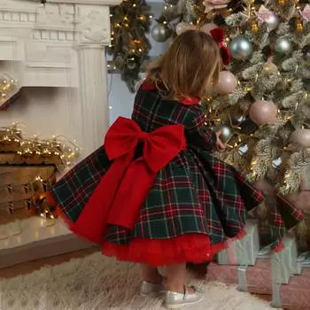 Рождественские платья для девочек, красное платье для малышей, клетчатые платья с бантом из тюля, детские новогодние костюмы 130cm красный