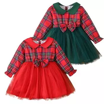 Рождественские платья для девочек-малышей с отворотами в клетку и бантом из тюля с длинными рукавами Платья принцесс 90 зелёный