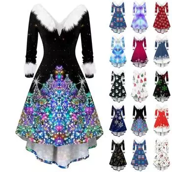 Рождественские платья с принтом для женщин, винтажное рождественское платье миди, повседневные платья, коктейльное платье, вечерние праздничные платья L