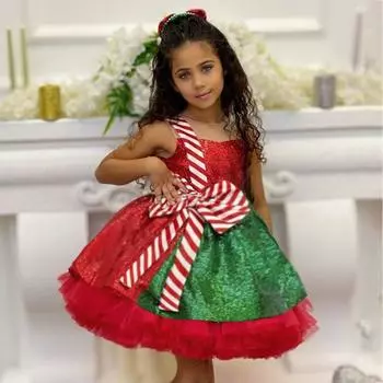 Рождественские платья в полоску с бантом для девочек, элегантные костюмы для косплея из пушистого тюля, праздничное красное рождественское платье принцессы для девочек, платье на день рождения 110CM зелёный
