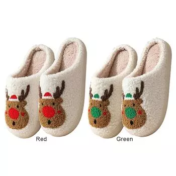 Рождественские плюшевые тапочки с изображением лося на плоской подошве, нескользящие теплые тапочки для детей, мальчиков и девочек 28-29 красный