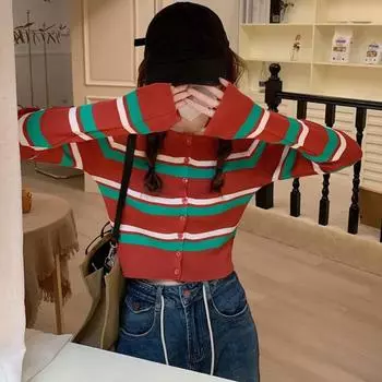 Рождественские подарки в стиле колледжа, контрастные полосатые вязаные свитера, топ, женский однобортный кардиган, осенний тонкий свитер с круглым вырезом, куртка one size чёрный