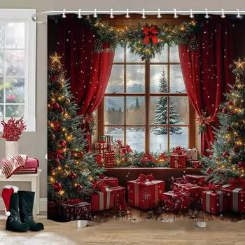 Рождественские подарки занавеска для душа Рождественская елка Зимний лес Кедр Природа Пейзаж Главная Настенная ткань Шторы для ванной Декор 90x180cm
