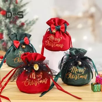 Рождественские подарочные пакеты Бархатные мешочки для подарков Мешочки для рождественских подарков на шнурке Контейнеры с бантом-колокольчиком Подарки на вечеринку для закусок и конфет A