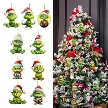 Рождественские подвесные украшения, подвеска на рождественскую елку, симпатичное акриловое зеленое кукольное украшение для праздничного декора стены дома, окна 9