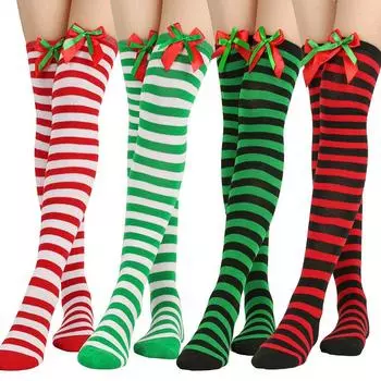 Рождественские полосатые длинные чулки с бантом рождественские носки с шариками длинные носки модные женские носки сексуальные тонкие длинные носки полосатые чулочно-носочные изделия A8