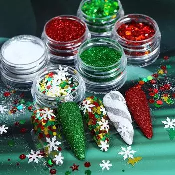 Рождественские принадлежности для ногтей Снежинка Рождественская елка Звезда Красный Зеленый Белый Блеск для ногтей Аксессуары для маникюра Дизайн Украшения