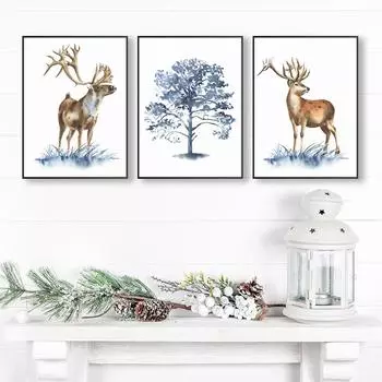 Рождественские принты с оленями, настенные художественные украшения, акварельный рождественский постер 21cm30cm NoFrame