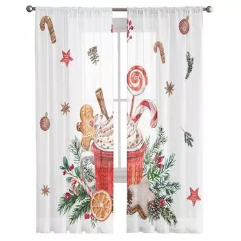 Рождественские прозрачные шторы с изображением пряничного человечка, рождественские украшения для дома, оконные тюлевые шторы для гостиной, спальни W135 x H114cm