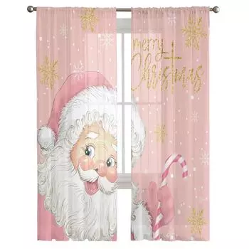 Рождественские прозрачные шторы с Санта-Клаусом и снежинками, розовые прозрачные шторы, рождественские украшения для дома, оконные тюлевые шторы для гостиной, спальни W135 x H114cm