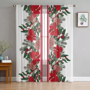 Рождественские прозрачные шторы с сосновыми иголками для гостиной, спальни, тюлевые занавески для кухни, вуаль, шторы, жалюзи, панели 135W x 114H(cm)