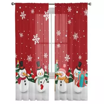 Рождественские прозрачные шторы со снеговиком для гостиной, вуаль, занавеска для спальни, ванной комнаты, тюлевые шторы, оконные шторы 135W x 114H(cm)