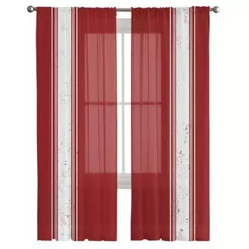 Рождественские прозрачные шторы в красную полоску с фермой, украшения для домашнего окна, вуаль, тюлевые шторы для гостиной, спальни, кухни W135 x H115cm x1