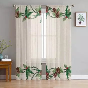 Рождественские растения, ягоды, шишки, акварельные прозрачные занавески, современные газовые занавески для гостиной, спальни, вуаль, пряжа, занавески W135 x H114cm
