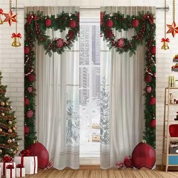 Рождественские шторы 3D-принт в виде венка бежевые панели для спальни праздничный декор 2 панели рождественские праздничные оконные шторы 50W130H(CM)X2PCS&Grommet Top