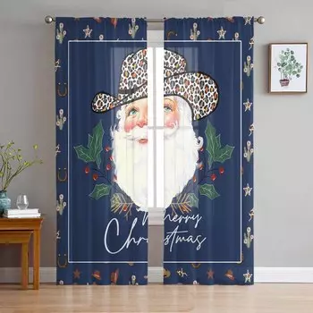 Рождественские шторы в стиле вестерн с Санта-Клаусом для гостиной, спальни, украшения дома, оконные вуали, тюль, занавески, драпировки W135 x H114cm
