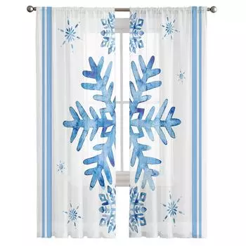Рождественские синие снежинки для гостиной, прозрачные тюлевые занавески для окон, спальни, кухни, декор, вуаль, шторы 135W x 114H(cm)