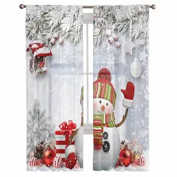 Рождественские Снежинка Снеговик Холли ель прозрачные шторы Рождественский домашний декор оконные тюлевые шторы для гостиной спальни W135 x H114cm