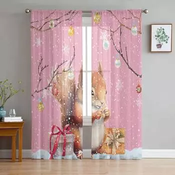 Рождественские Снежинки Акварель Белка Прозрачные Шторы для Украшения Гостиной Оконные Шторы Кухонные Тюль Вуаль Шторы W135 x H115cm x1