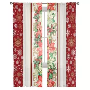 Рождественские снежинки Пуансеттия Прозрачный Тюль для гостиной, оконная занавеска, декор для спальни, кухни, вуаль, шторы 135W x 114H(cm)