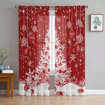 Рождественские снежинки Рождественские шары Красная пряжа Шторы для окон Тюль Шторы для гостиной Кухни Окно Прозрачные вуалевые шторы W135 x H115cm x1&Rod Pocket