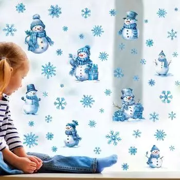 Рождественские Снежинки Снеговики Наклейки На Стены Рождественские Стеклянные Окна Гостиная Украшения Дома Обои Искусство Съемный Новогодний Стикер 4pcs-23*30cm синий