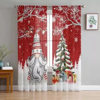 Рождественские снежные сцены Снежинки Гном Красные прозрачные шторы для украшения гостиной Шторы на окна Кухонные шторы Тюль Вуаль W135 x H115cm x1