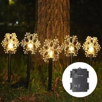 Рождественские солнечные фонарики Водонепроницаемые аккумуляторные рождественские снежинки Газонные фонарики Дорожка Рождественские украшения Светодиодные фонари Газон 5 LED