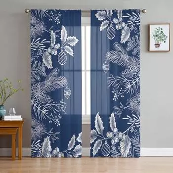 Рождественские сосновые иголки, листья, сосновые шишки, оконные тюлевые шторы для гостиной, кухни, Рождественский домашний декор, прозрачные шторы из вуали 135W x 114H(cm)