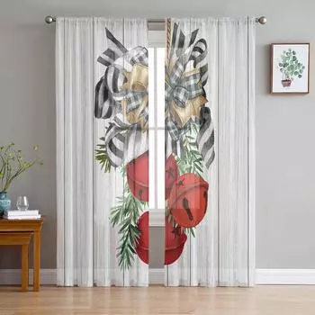 Рождественские сосновые колокольчики, деревянные оконные тюлевые шторы для гостиной, кухни, Рождественский домашний декор, прозрачные шторы из вуали 135W x 114H(cm)