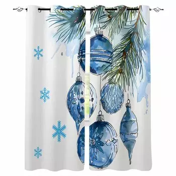 Рождественские сосновые ветки, синие фонари, затемняющие шторы для гостиной, спальни, оконные шторы, шторы для кухни W135 x H60cm