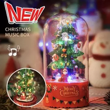 Рождественские строительные блоки, вращающаяся музыкальная шкатулка, Рождественская подарочная коробка, собранные из мелких частиц строительные блоки, Рождественский подарок Pack of 1 красный