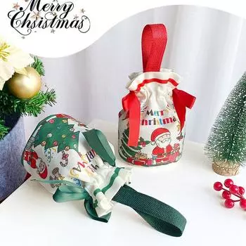 Рождественские сумки Милый мультфильм Санта Рождественские елки Холщовый подарочный мешок на шнурке Многоразовые рождественские вечеринки Упаковка для конфет Принадлежности A