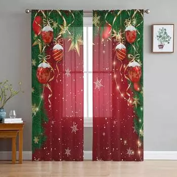 Рождественские светящиеся шары Сосновые ветки Снежинки Прозрачные шторы Украшение гостиной Оконные шторы Кухня Тюль Вуаль Шторы W135 x H115cm x1