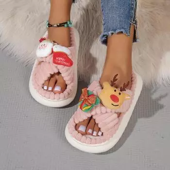Рождественские тапочки женские милые снежинки лоси олень тапочки для дома обувь для дома плюшевые теплые хлопковые тапочки обувь 36