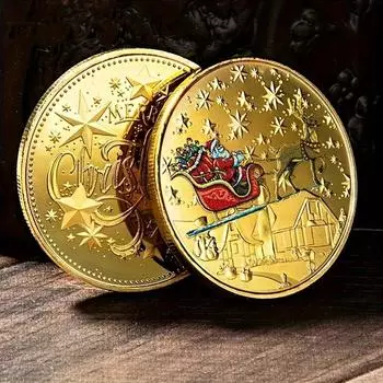 Рождественские тематические монеты с изображением оленьих саней и Санта-Клауса, коллекционные монеты золотистого оттенка для игр и развлечений, праздничный подарок